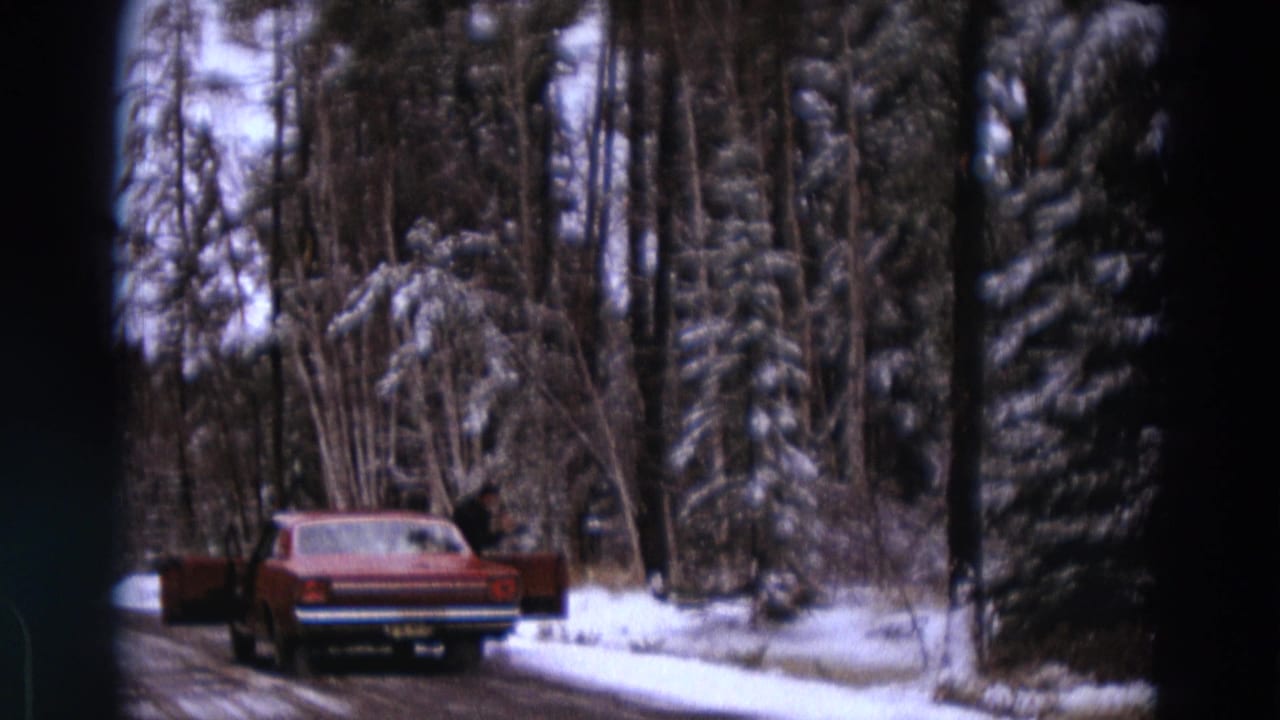 Red car driving on a snowy road through tall winter pines.