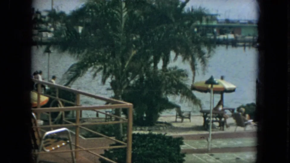 1967 Florida waterfront view through dark framing, showing a palm tree, wooden railing, seated people, umbrella shade, and boats across the water.