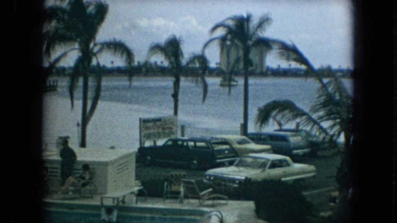 1967 Florida waterfront scene with palm trees, parked classic American cars, a poolside sign, distant buildings, and people near a low wall.