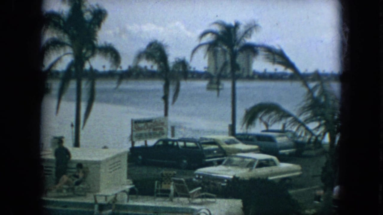 1967 Florida 8mm frame showing palm trees, parked mid-century cars, a waterfront sign, and small figures beside calm harbor water.