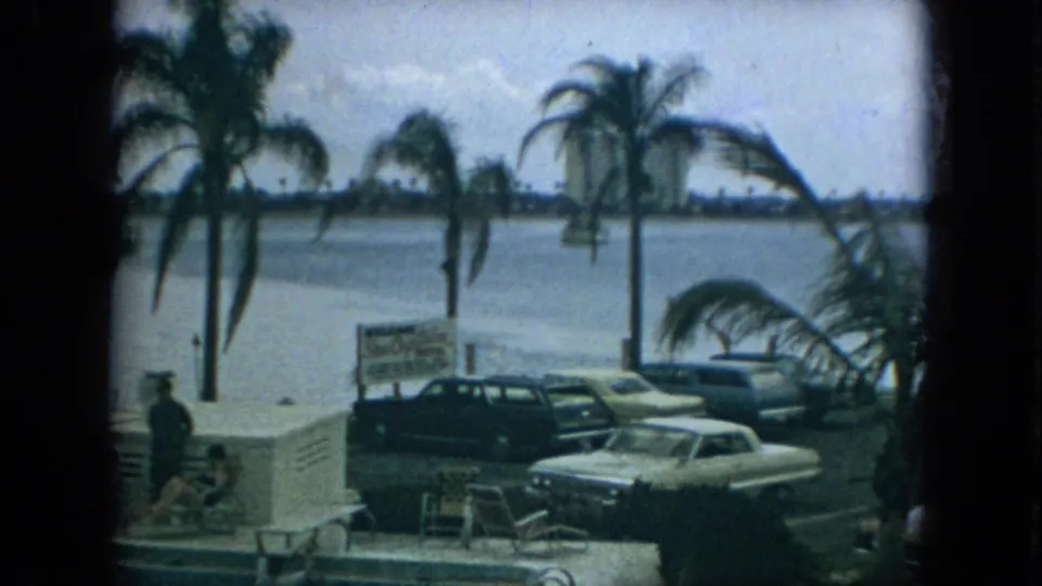 1967 Florida 8mm frame showing palm trees, parked mid-century cars, a waterfront sign, and small figures beside calm harbor water.