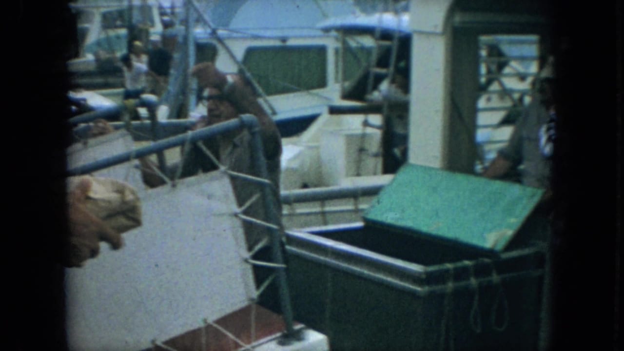 The man bends or leans near the boat railing while an open green cooler sits on deck amid nearby boats at the Florida marina.