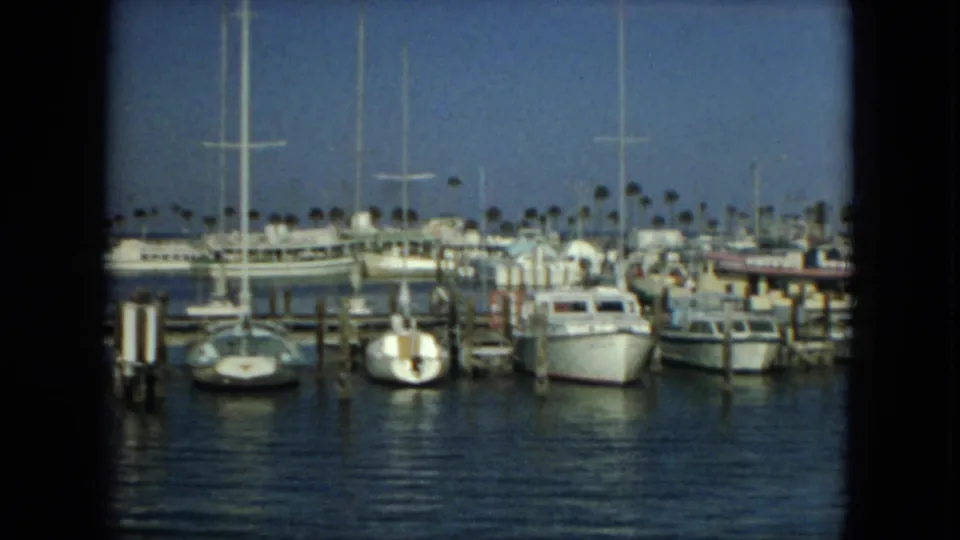 1967 Florida 8mm frame of boats tied at marina slips, with tall masts, wooden pilings, rippled water, and a palm-lined shore.