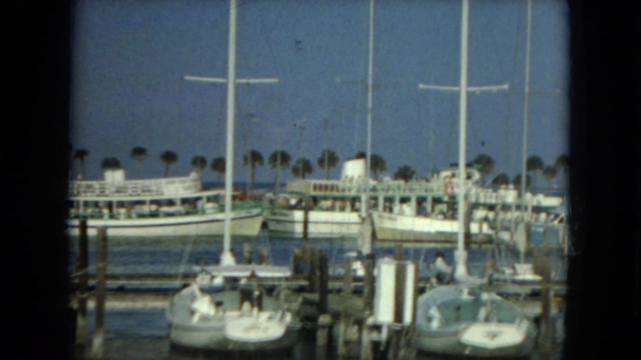 1967 Florida 8mm frame showing moored sailboats, motorboats, wooden piers, calm water, and a palm-lined shore.