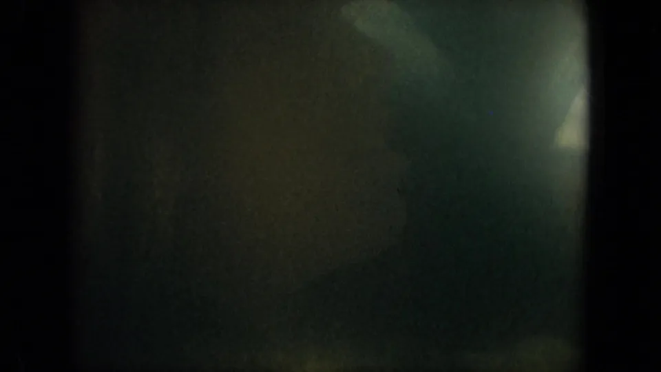 Dim 1967 Florida 8mm frame showing rounded dark borders, grain, and indistinct greenish forms without a clear subject.