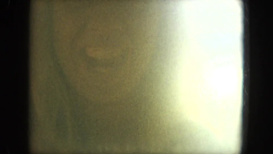 1967 Florida 8mm frame with a bright light leak or overexposed patch, dark side borders, grain, and muted yellow-green tones.