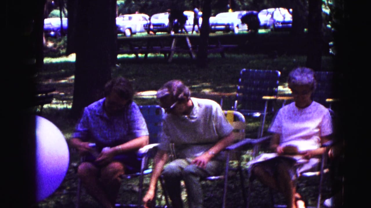 Older adults sit in folding lawn chairs under trees with parked cars in the background.