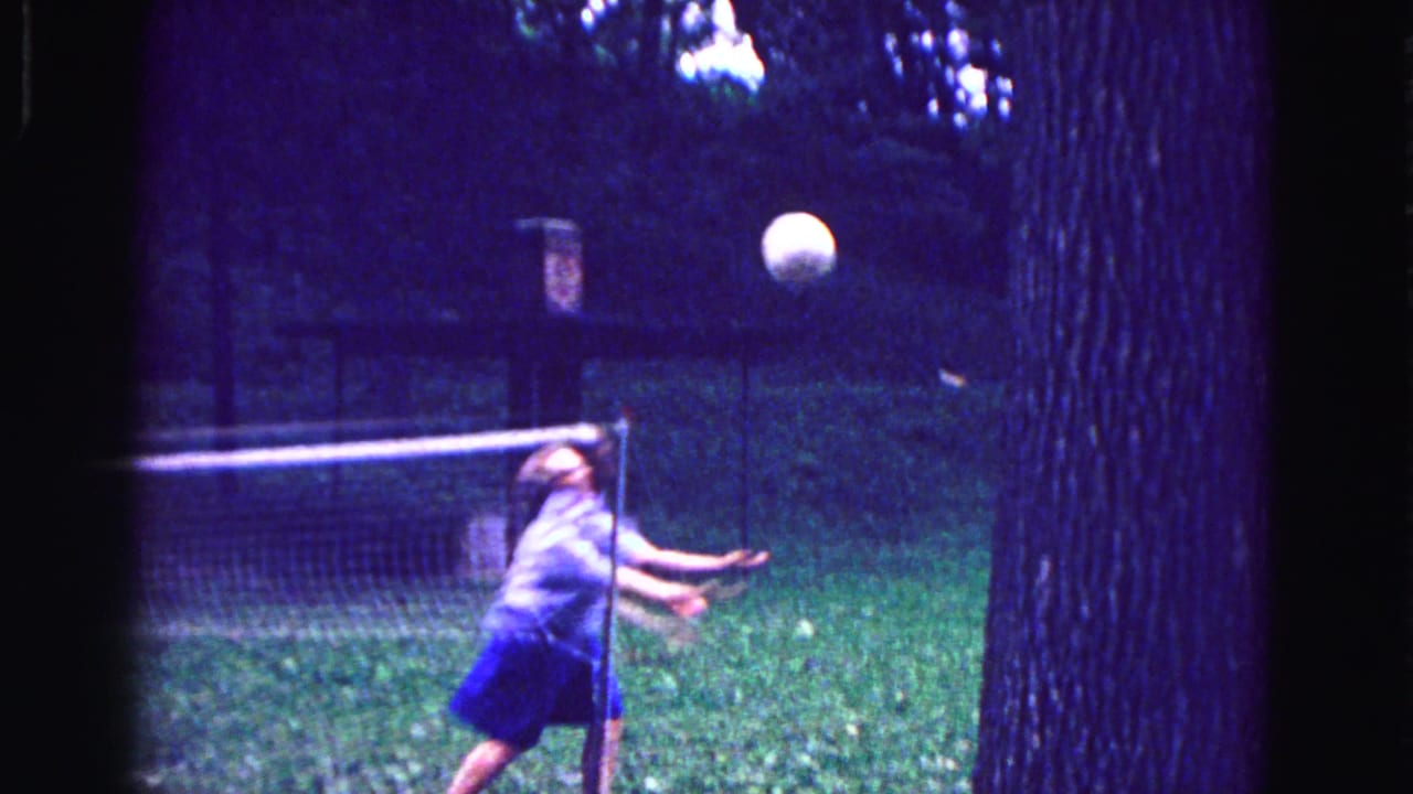 Person near a backyard net reaches toward a white ball on a wooded lawn.