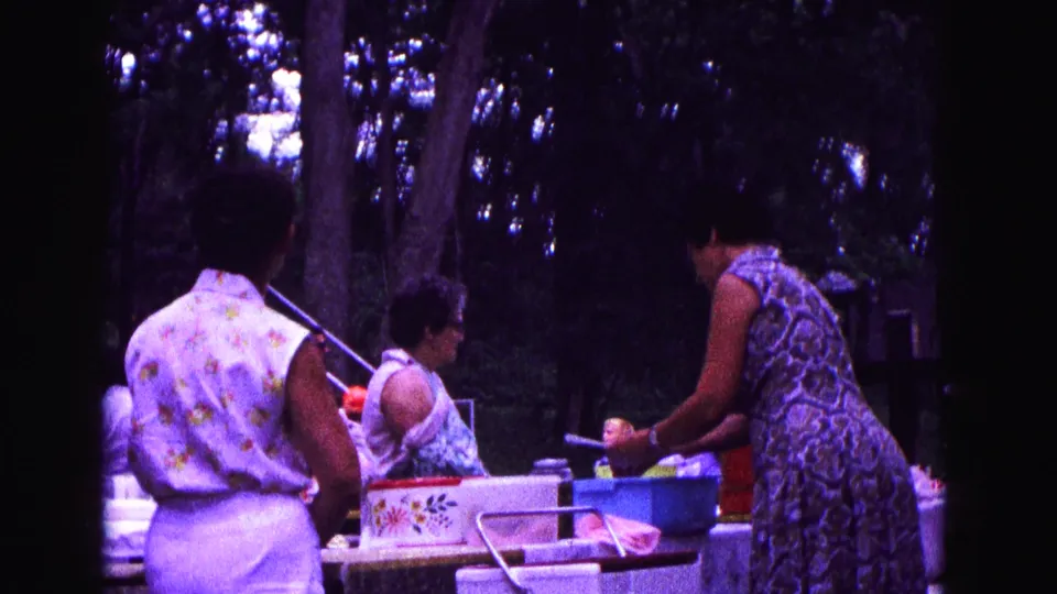 1967 Galena, Illinois frame with a woman leaning toward a blue basin as others stand by picnic supplies.