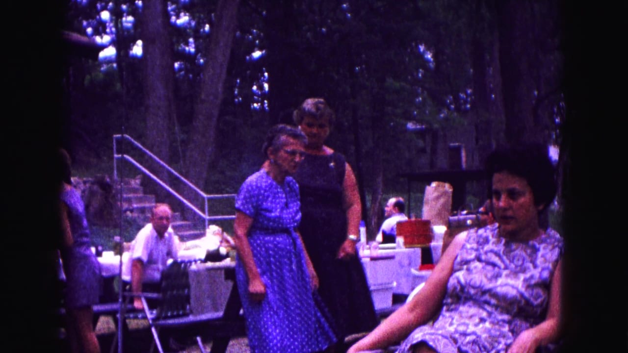 Adults gathered near picnic tables under trees, with two women standing and one woman seated.