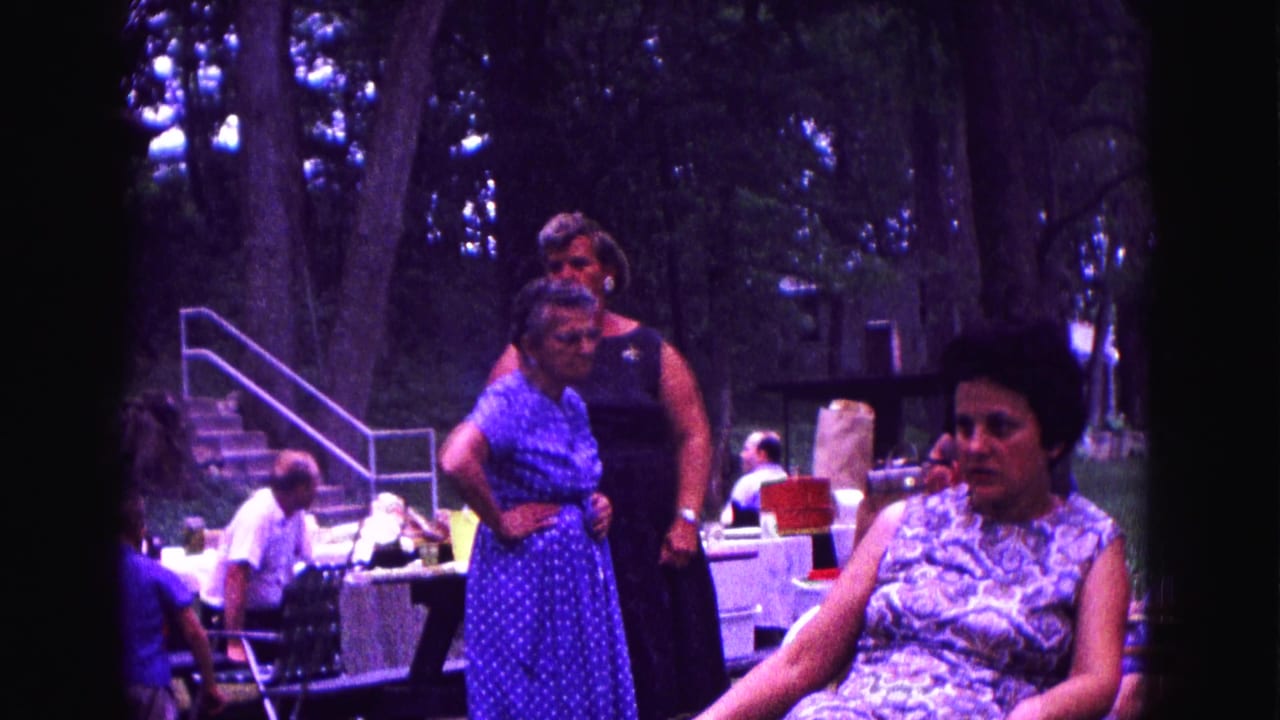 1967 Galena, Illinois park picnic scene with women in 1960s dresses, seated guests, tables, and trees visible.