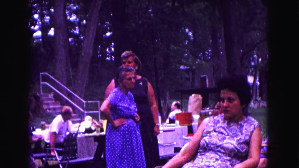 1967 Galena, Illinois home-movie frame showing adults socializing at a park picnic beneath tall trees.