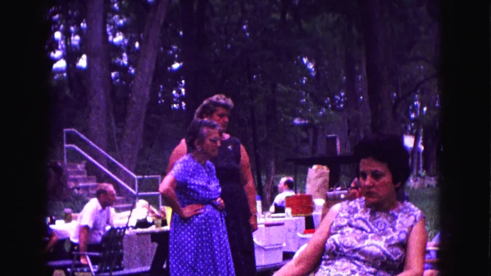 1967 Galena, Illinois 8mm picnic footage frame with adults gathered beside tables, trees, steps, and park railings.