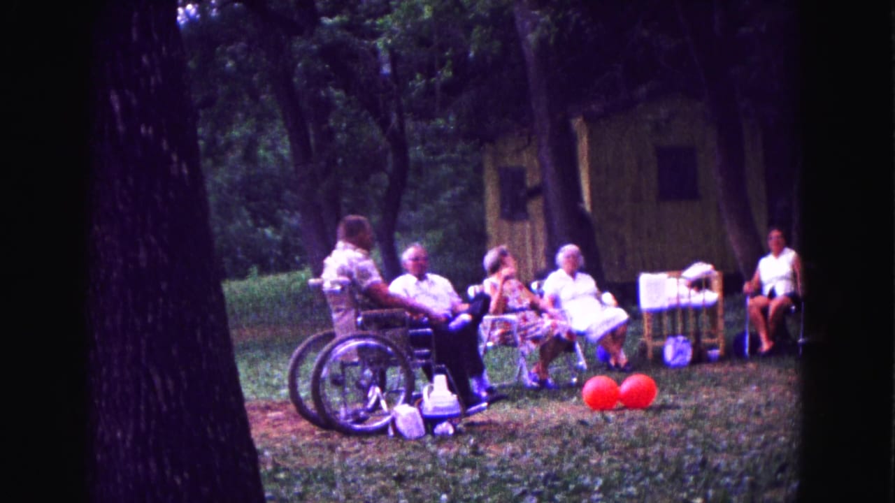 Older adults sit in a wooded park near a wheelchair, folding chairs, red balloons, and a rustic structure.