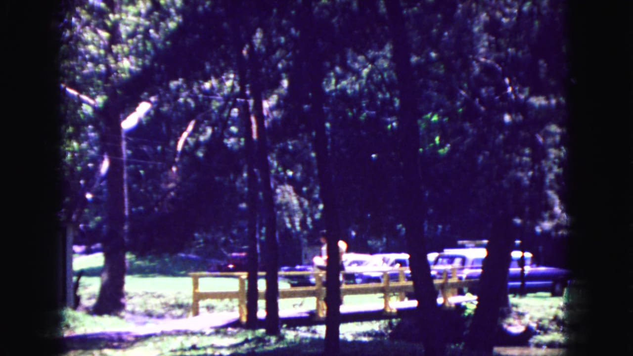 1967 Galena, Illinois park view with trees, a yellow fence, parked period cars, and dappled sunlight on grass.