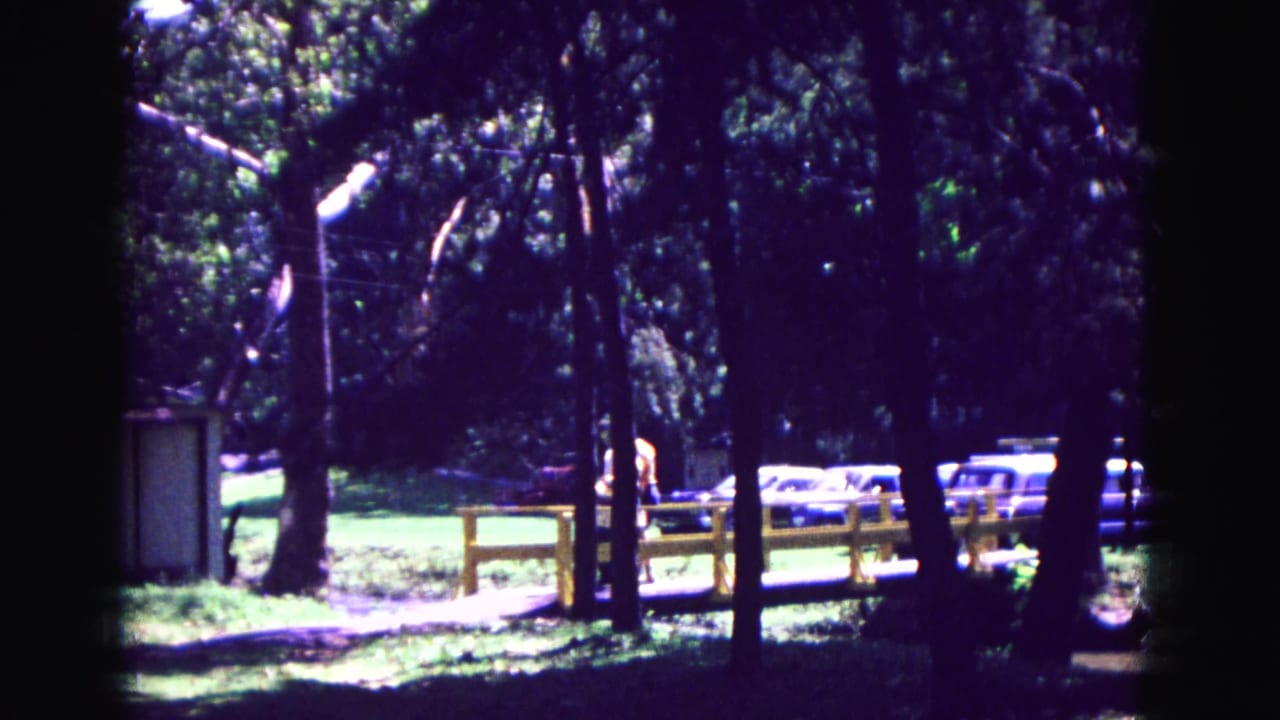 Wooded park view with fence, parked cars, grass, and a small structure partly visible.