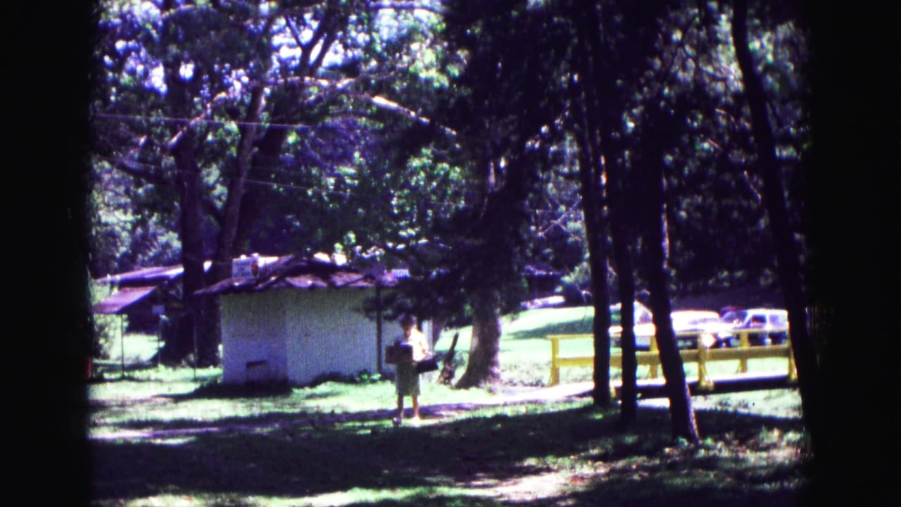 Woman on a grassy path beside trees, a white shed, parked cars, and a yellow fence.