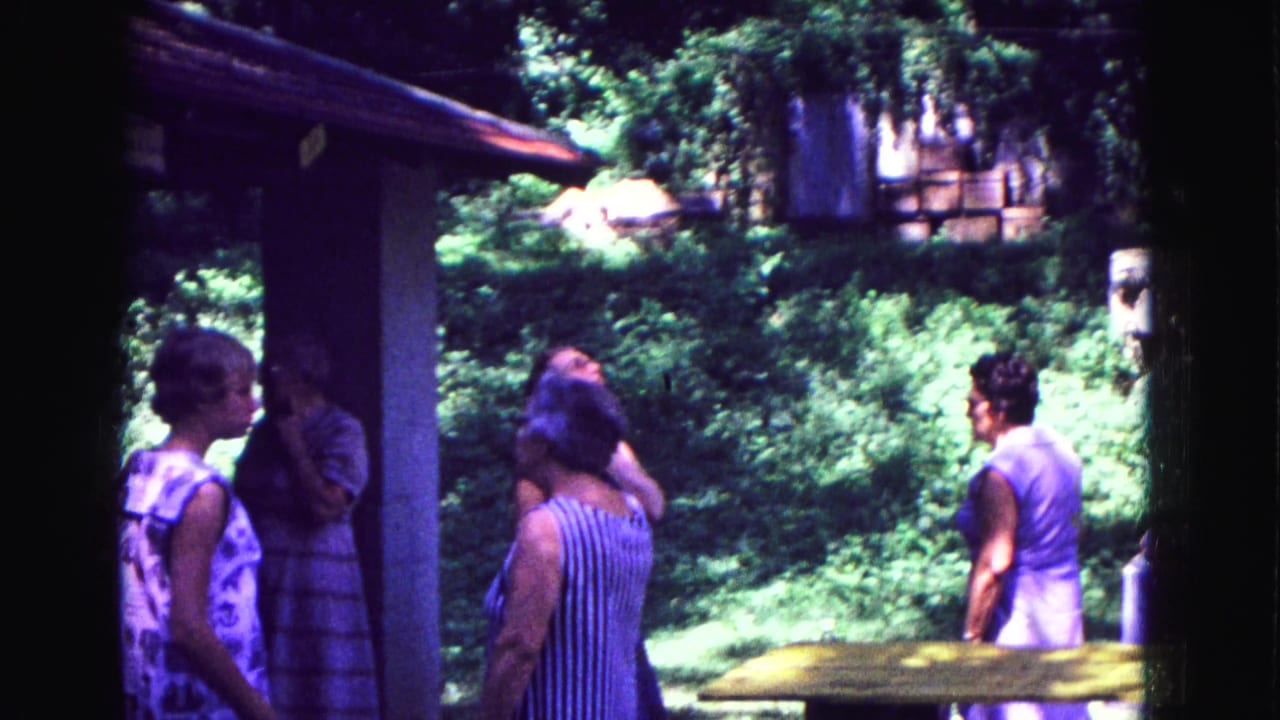 Several women stand near a shelter with greenery behind them.
