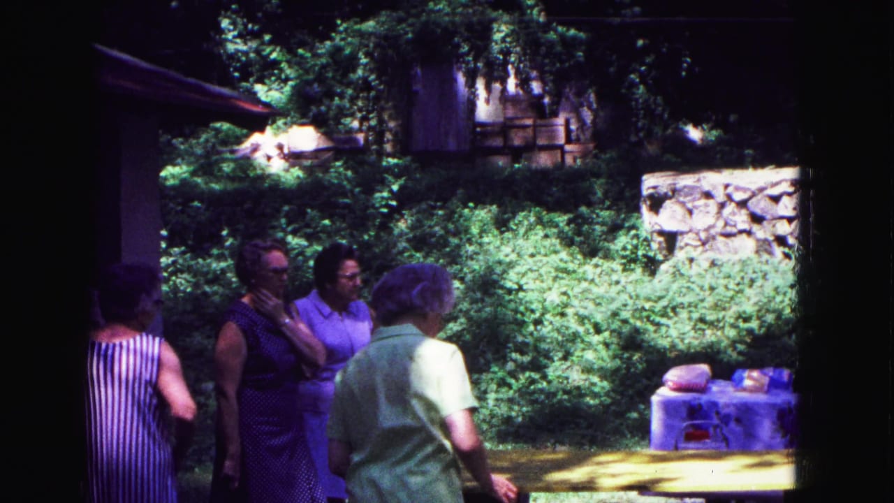Women standing near yellow picnic tables in a shaded outdoor area.