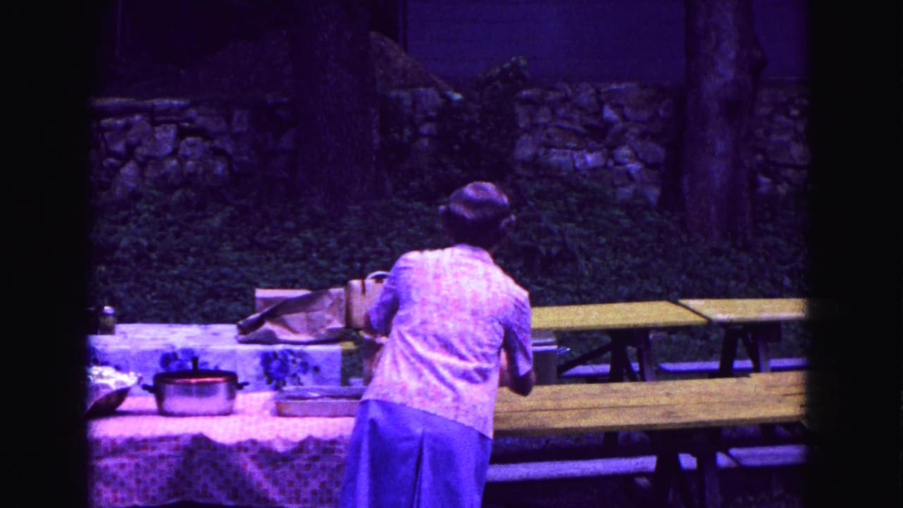 A woman in a patterned blouse and blue skirt leans over a picnic table with containers and benches in the wooded Galena setting.