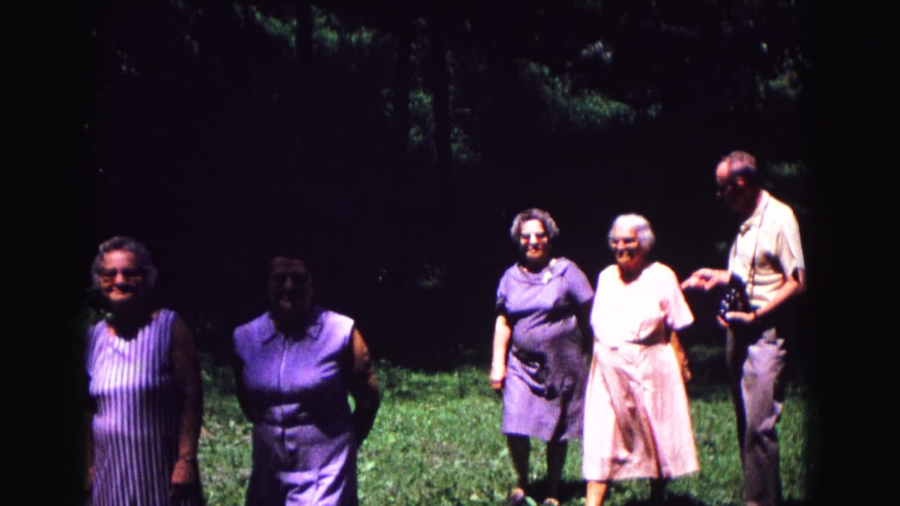 Adults stand on grass in a shaded wooded area during an outdoor gathering.