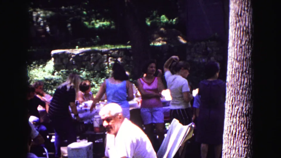 The 1967 Galena home movie shifts to a wider picnic scene with adults standing and seated among trees and tables.