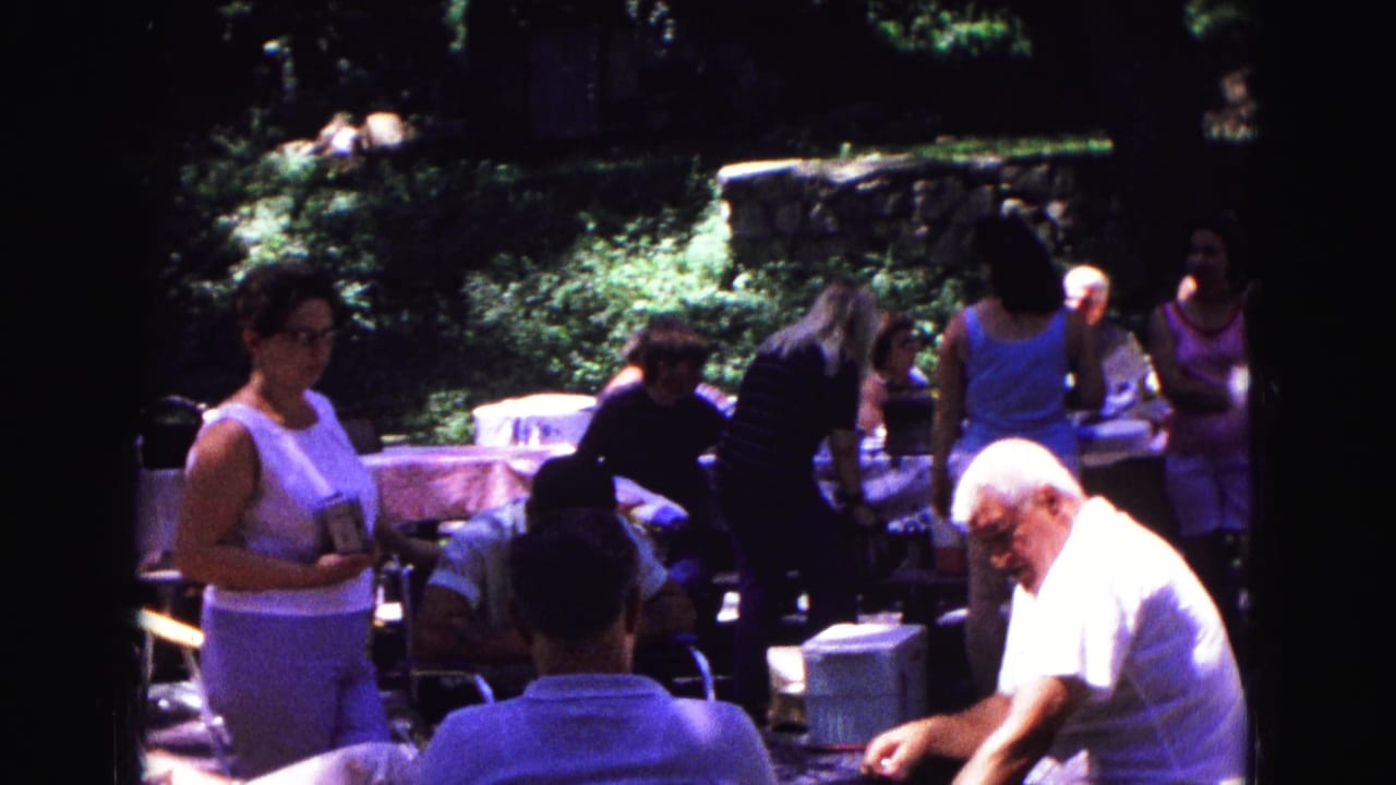 Party guests stand and sit near covered tables in a sunlit yard.