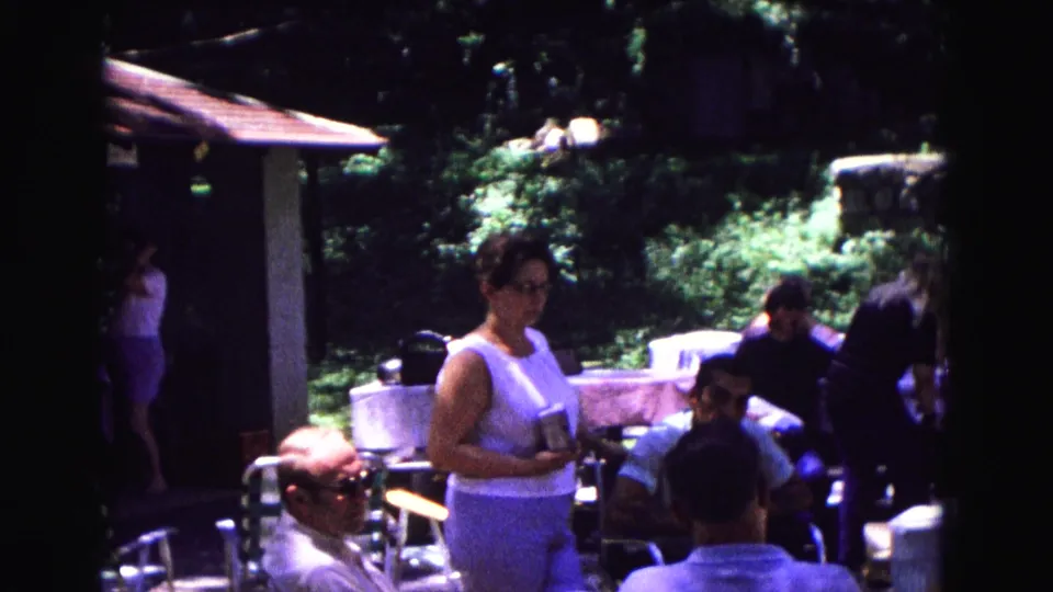 Adults at a 1967 Galena backyard party, with a standing woman, seated guests, serving containers, trees, and a stone wall.