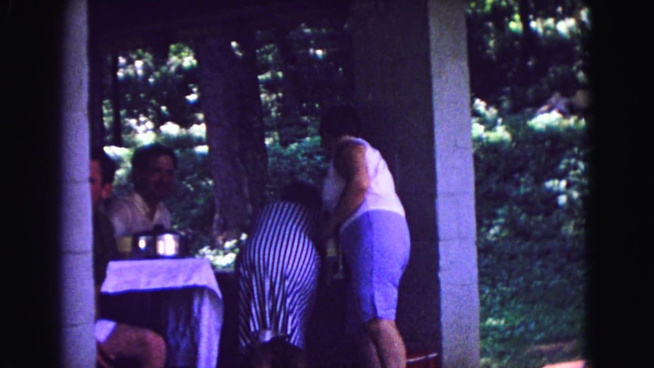 Adults gather beside a pavilion table in a wooded park.