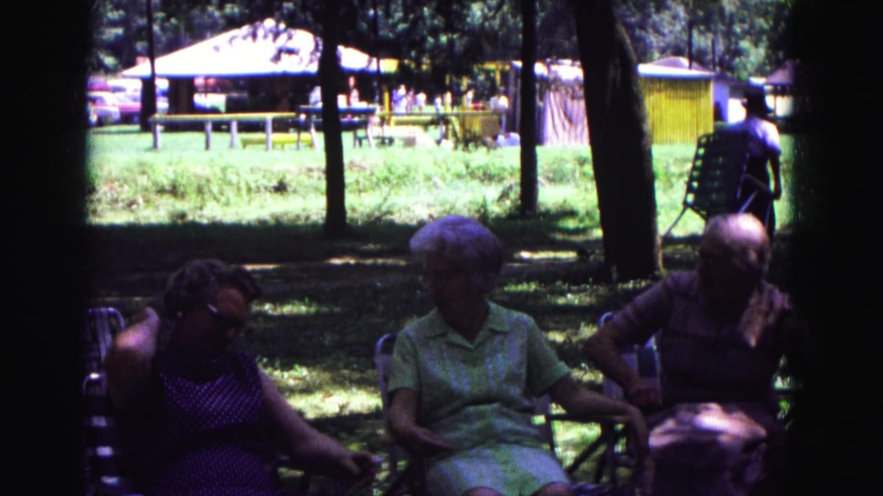 Three older adults seated in lawn chairs in a shaded grassy area near picnic structures.