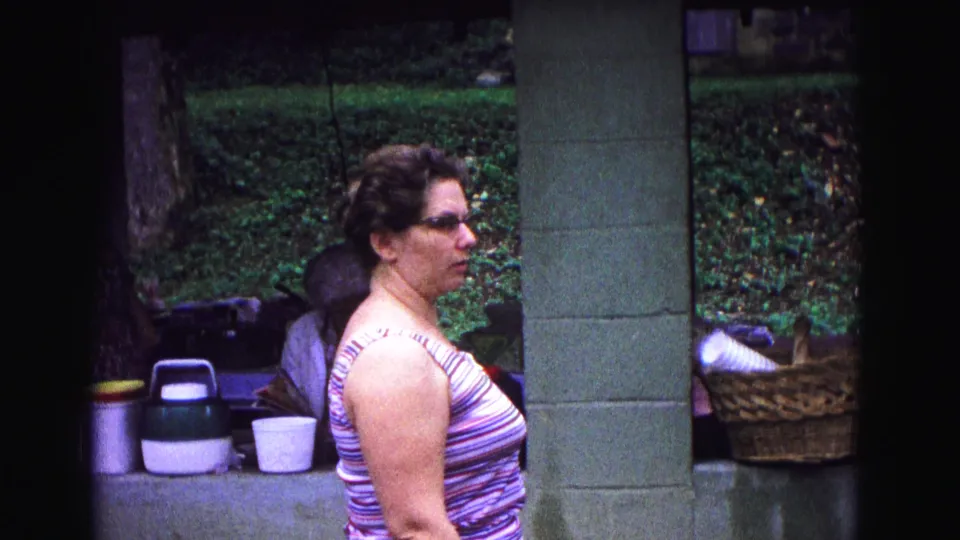 A woman in sunglasses and a striped sleeveless top stands near thermoses, cups, and baskets at a Galena picnic shelter in 1967.