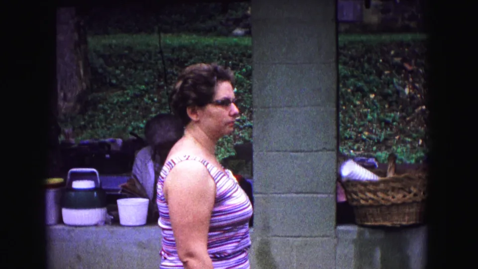 A 1967 Galena home-movie frame shows a woman in profile at a concrete park shelter with picnic containers and trees behind her.