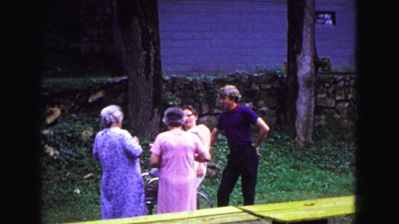 Adults in a Galena backyard conversation stand near a partially visible walker, trees, grass, and a stone wall.