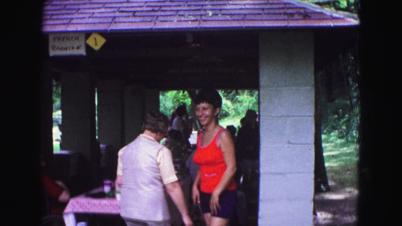 A woman in a red top smiles toward the camera near another woman beneath a Galena park shelter, with trees visible beyond.