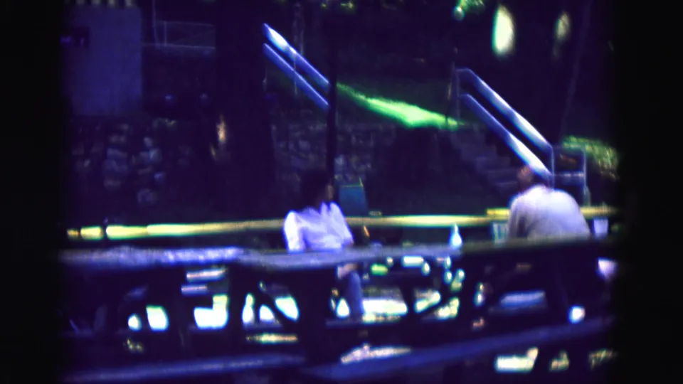 Low-light 1967 Galena home-movie frame with a woman in a light blouse at a picnic table and another seated adult near the steps.
