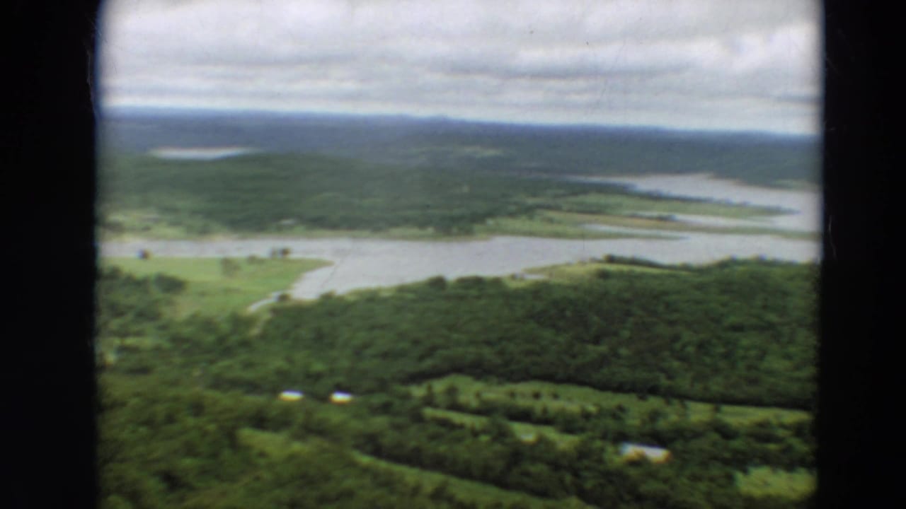 Aerial view over green forest, fields, and water under a cloudy sky.