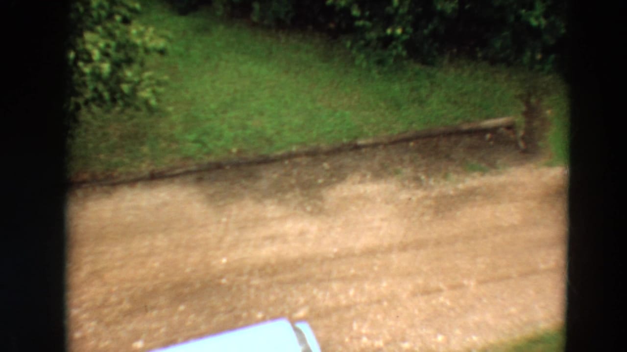 Dirt road bordered by grass and shrubs, seen from an elevated angle.