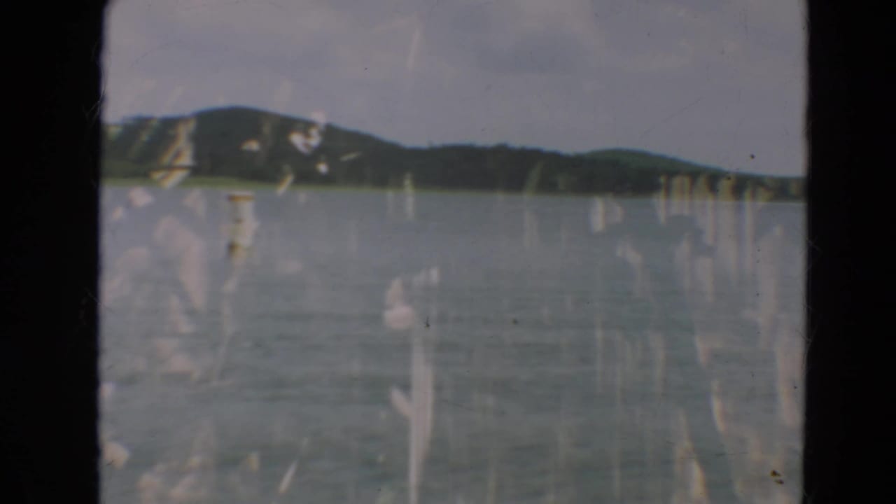 Wide lake view with low hills on the far shore and vertical film scratches across the frame.
