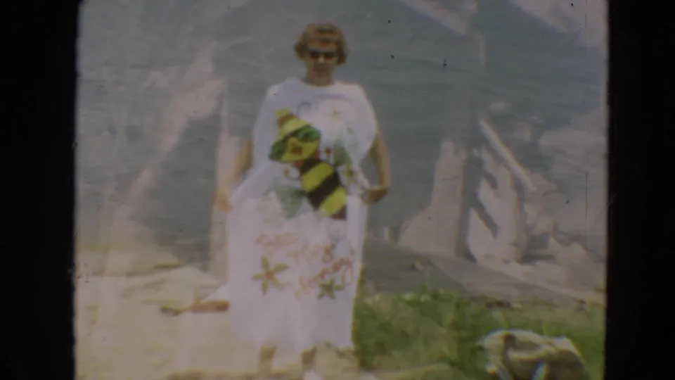 Woman in a bee-themed white dress stands by grass and lake water in this 1967 Minnesota 8mm home-movie frame.