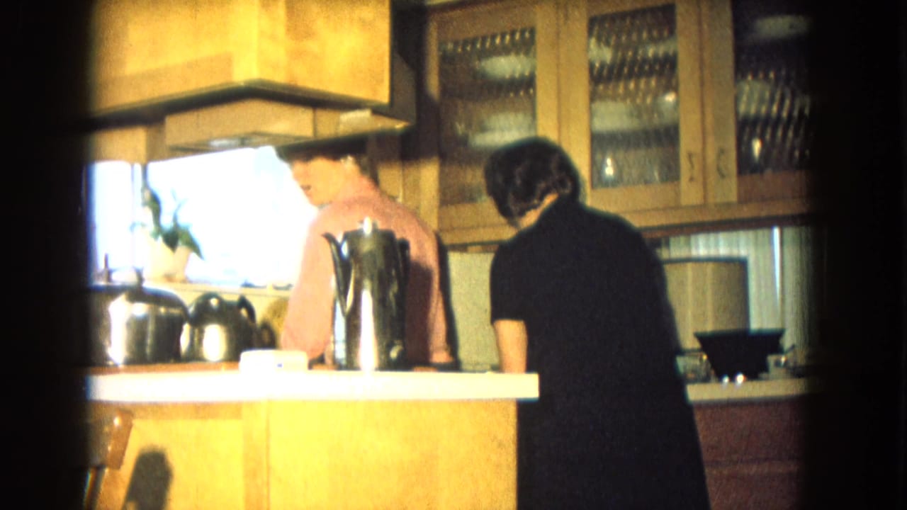 Two adult women in a 1967 New Mexico home kitchen, one at the counter in a pink top and another nearby in a dark dress.