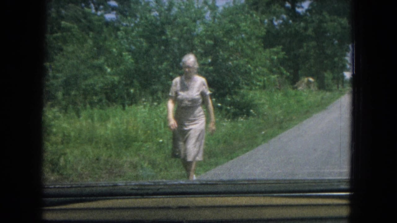 The elderly woman moves closer on the rural driveway, with bright grass and dense trees visible through the car-window frame.