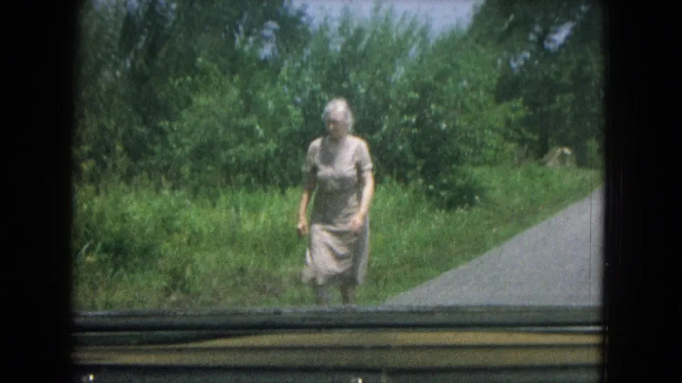 A closer 8mm frame shows the elderly woman approaching, partially framed by the car window with rural greenery behind her.