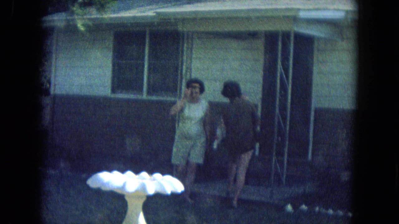 Two women stand near a house porch with a white birdbath in the foreground.