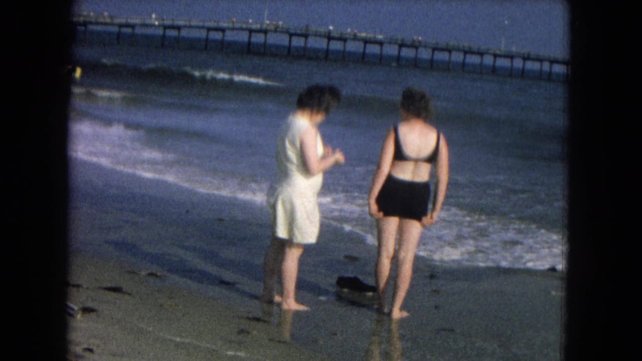 Two women face the water at the beach as small waves roll in below a distant pier.
