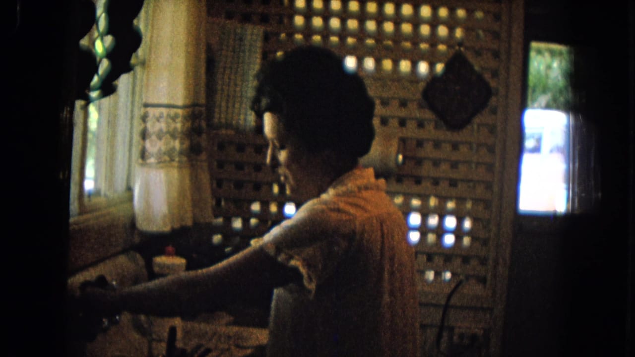 Woman in profile reaches toward a kitchen sink beside patterned curtains and a lattice screen.