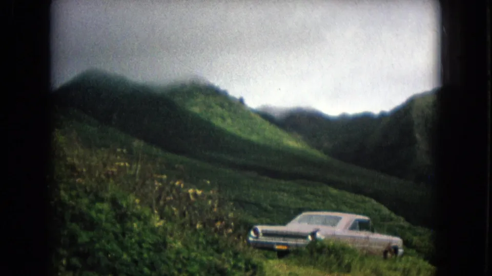 Soft 8mm frame from New Mexico in 1967 showing a parked sedan amid grass and flowering plants with mountain ridges behind it.