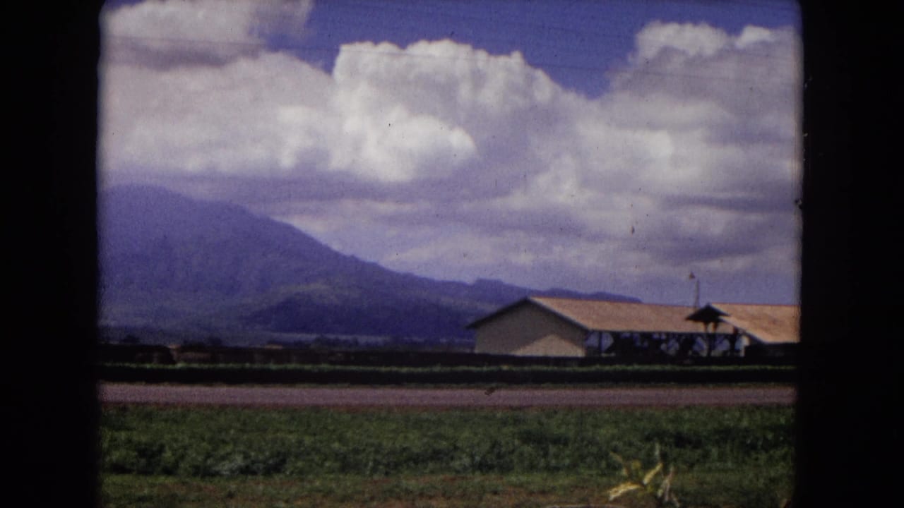 Rural field with a low building, distant mountains, and large clouds seen through dark window framing.