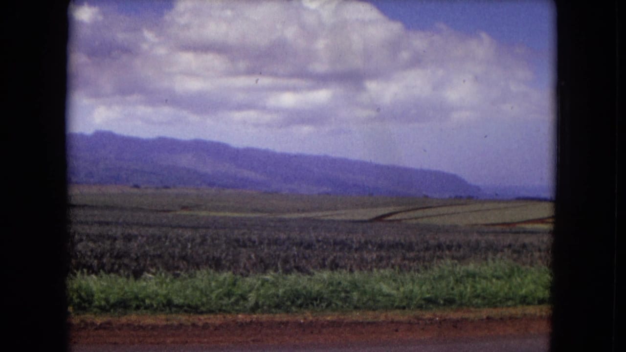 1967 New Mexico home-movie frame showing low fields, reddish ground, distant mountains, and layered clouds within dark 8mm borders.