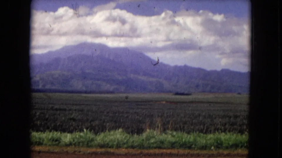 1967 8mm view in New Mexico showing cultivated fields below hazy mountains and a cloudy sky.