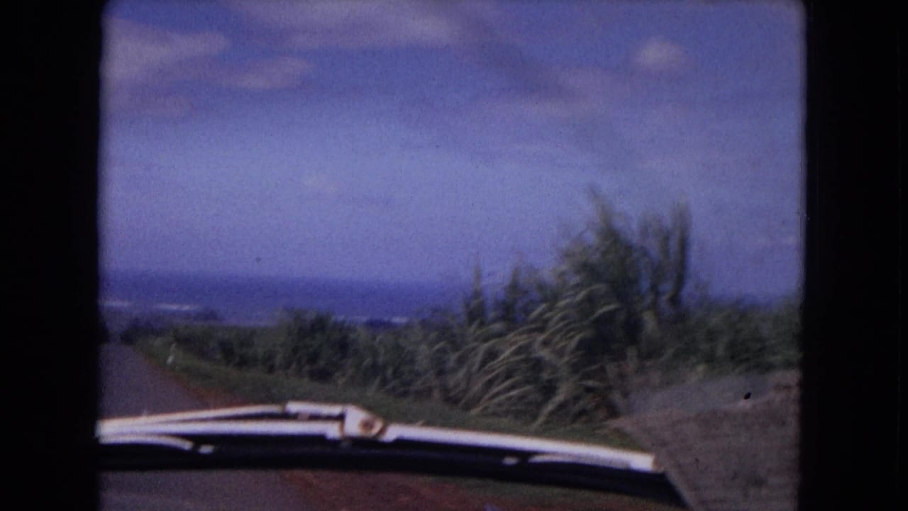 1967 8mm windshield view from a moving car, with roadside vegetation, a car hood and wiper, and distant blue water or haze.